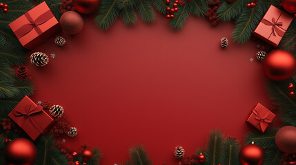 vibrant Christmas composition featuring red gifts, ornaments, pine branches, and pine cones arranged in a festive border against a bold red background.