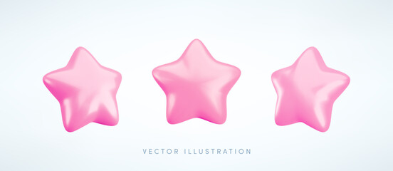 Vector 3d pastel pink star icons set. Cute realistic cartoon 3d render, glossy metallic star front and side projection, for customer rating concept, decor, web, game design, app, advert.