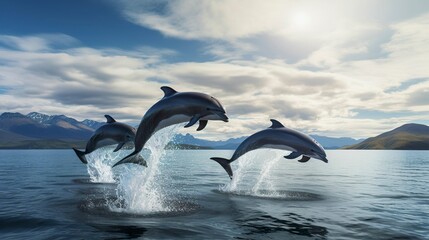 Obraz premium A photo of a group of dolphins jumping
