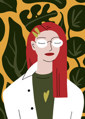 Calm girl in round glasses, oversize shirt, white T-shirt. Relaxed, dreaming woman portrait. Tropical leaves, autumn style poster. Long hair, cute heart, 90's hairpins. Vector Character illustration