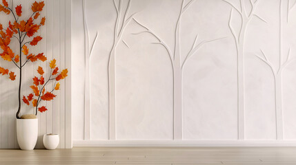 Empty wall and floor with autumn trees and yellow leaves