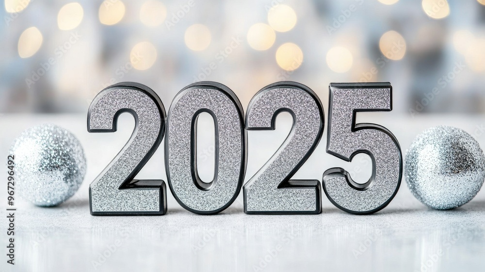 Poster celebrating the arrival of 2025 with sparkling numbers against a soft bokeh background and shimmerin