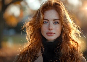 Obraz premium Beautiful Redhead Close-Up Portrait in Autumn Park at Sunset with Sun Rays.
