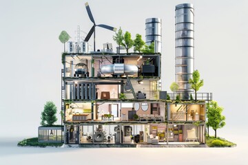 A vertical cross-section cutaway showcases an efficient, green energy production plant, with various machinery and green spaces spread across its levels.