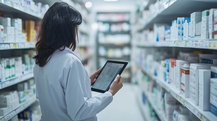 Pharmacist reviewing medication inventory on a tablet in a modern pharmacy aisle during daylight hours