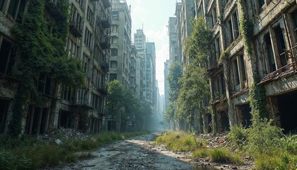 Overgrown buildings in a deserted city.