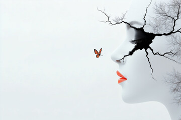 A woman's face is shown with a butterfly on it. The image has a mood of sadness and despair