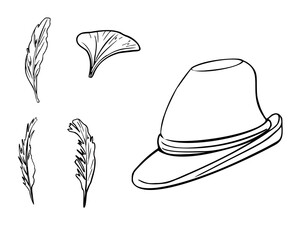 German green hat and feathers monochrome vector linear illustration isolated. Bavarian Oktoberfest hat contour hand drawn by ink for design beer festival, banner, menu, packaging, poster.