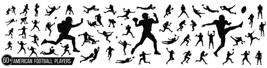 Football players. Male, female and kids American football player silhouette set. © Tamim 99Graphics