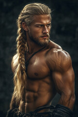 handsome muscular viking man with braided hair	