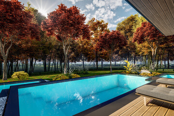 3d rendering of modern two story house with gray and wood accents, large windows, parking space in the right side of the building, surrounded by trees and bushes, daylight in autumn day