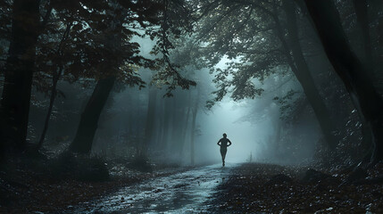 Obraz premium A runner making their way through a misty forest, drenched in rain, surrounded by towering trees as water streams down from the leaves