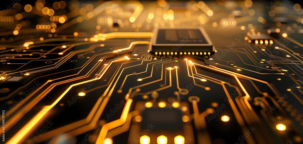 Poster Close-up of a modern circuit board featuring intricate patterns and glowing elements, ideal for technology themes and innovation.