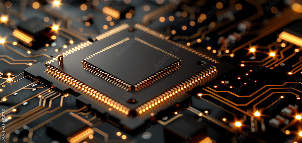 Fototapete close-up of a microchip on a circuit board, showcasing intricate details and technology in a vibrant