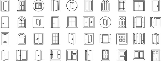 Minimalistic Linear Illustrations of Exterior. Contains Icons of Doors and Windows that Can Be Used for Design of Cards, Posts, Apps, Web Sites