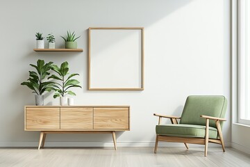 An interior mock-up of a light living room with drawers and decorations