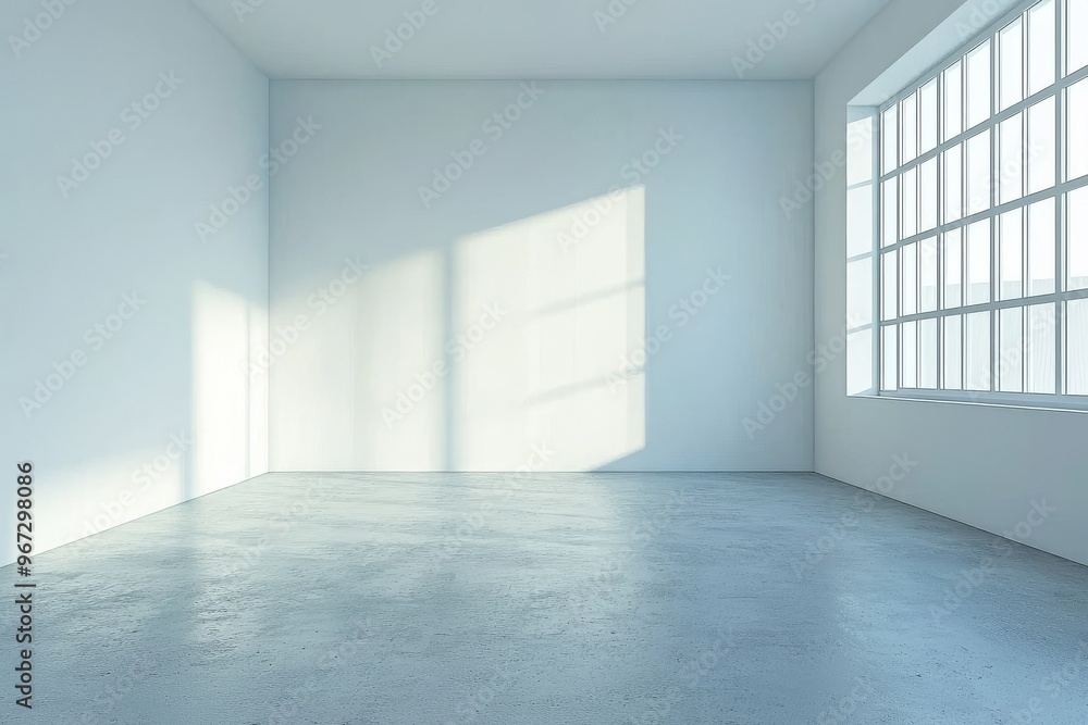 Poster an open and sunny hallway with a blank wall and light glossy concrete floor. 3d rendering and mockup
