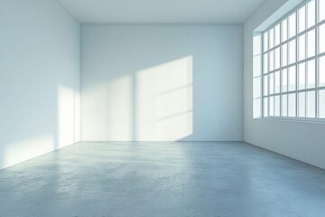 Obraz premium An open and sunny hallway with a blank wall and light glossy concrete floor. 3D rendering and mockup.