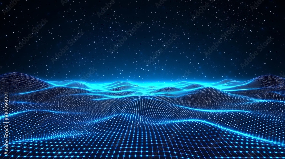 Poster a stunning digital landscape featuring glowing blue waves and particles, creating a mesmerizing visu