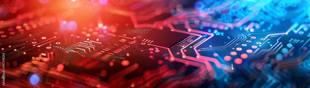 Poster close-up view of a futuristic circuit board with vibrant colors and intricate details, showcasing te