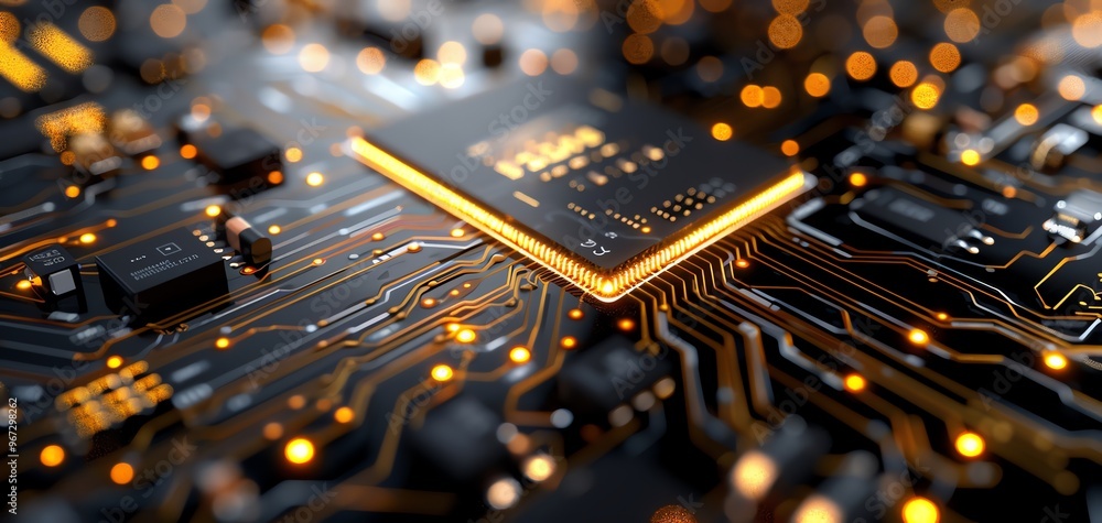 Aufkleber Close-up view of a modern microprocessor on a circuit board, showcasing intricate lines and glowing connections.