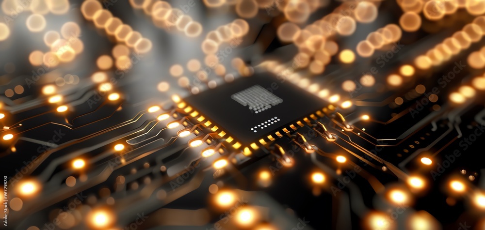 Poster Close-up view of a microchip with glowing lights, representing advanced technology and modern electronics in a digital world.