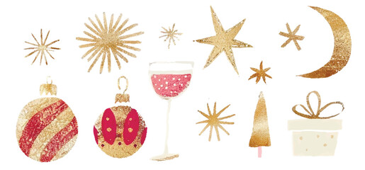 Golden glitter shiny christmas festive elements, gol sparks and stars, moon crescent, gift box, glass of champagne, christmas tree