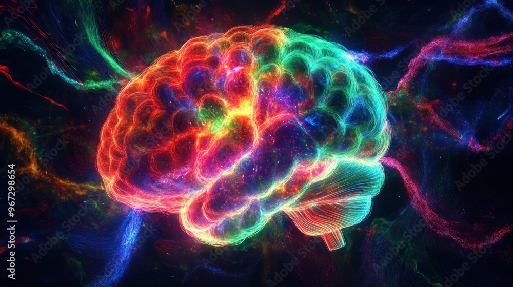 Poster creativity concept with a brain exploding in colors. mind blown concept