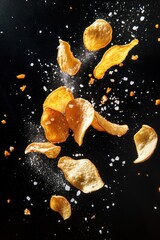 Flying potato chips breaking apart in mid-air with scattered salt and seasoning on a black background