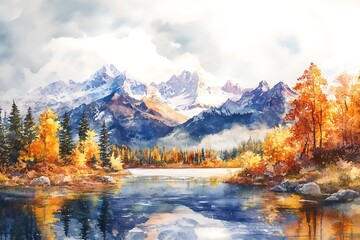 Watercolor landscape with mountains, forest and river in front. beautiful landscape.