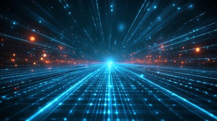 Obraz premium A stunning digital landscape featuring vibrant blue lights and beams radiating towards a central point, creating a sense of depth.