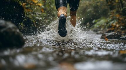 A soaked trail runner crossing a rushing stream, their legs submerged as they battle against the heavy rain and rising water levels