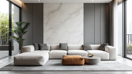 Contemporary minimalist living room with sleek furniture and soft calming neutral colors for a modern look.