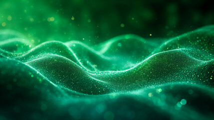 Abstract Green Waves with Light Particles - Flowing Textured Design