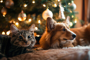 cute cat and dog near decorated christmas tree