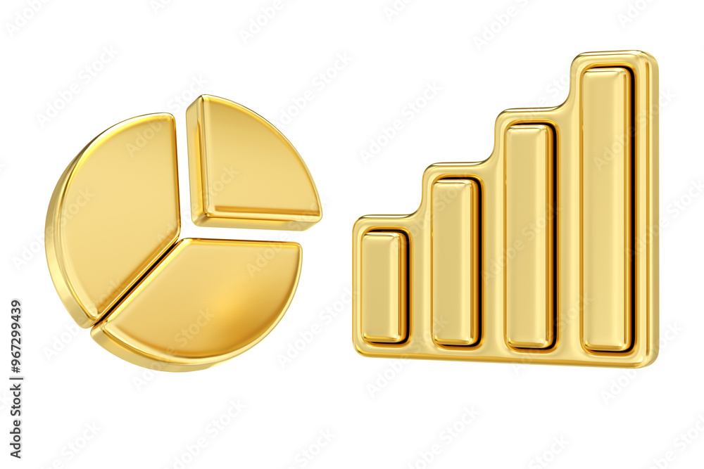 Wall mural golden pie chart and bar graph, business success growth and data analysis, ascending bar graph,3d re