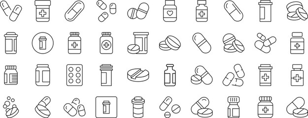 Minimalistic Linear Illustrations of Meds and Treatment. Contains Icons of Pills that Can Be Used for Design of Cards, Posts, Apps, Web Sites