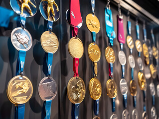 Stunning Display of Gold, Silver, and Bronze Medals on Dark Background: Intricate Designs and Symbols Highlighting Elegance and Achievement in Sports and Awards - Perfect for Celebrating Victories