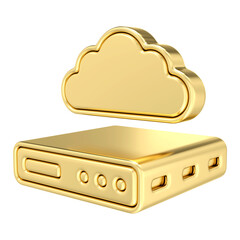 Golden cloud data server, A sleek, golden server with a matching cloud hovering above, symbolizing secure and reliable cloud computing services, 3d rendering