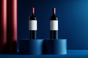 Label mockup with clean design and blue background. Branding and advertising concept for liquor and beverages. 3D rendering.