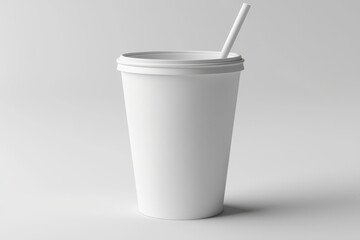 Printed white disposable cup with straw isolated by 3d modeling. Paper soda mug mockup with lid and tube. Clear plastic take-away package for soft drink cola.