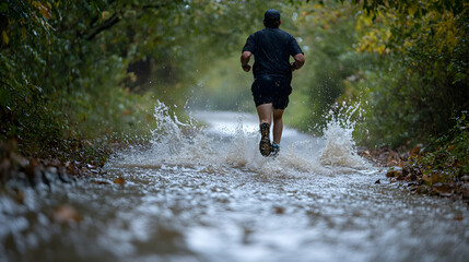 A runner powering through a flooded trail, water splashing up to their knees as the storm continues to rage around them