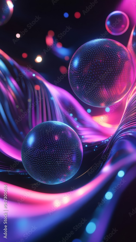 Poster futuristic digital spheres with neon lights and abstract background