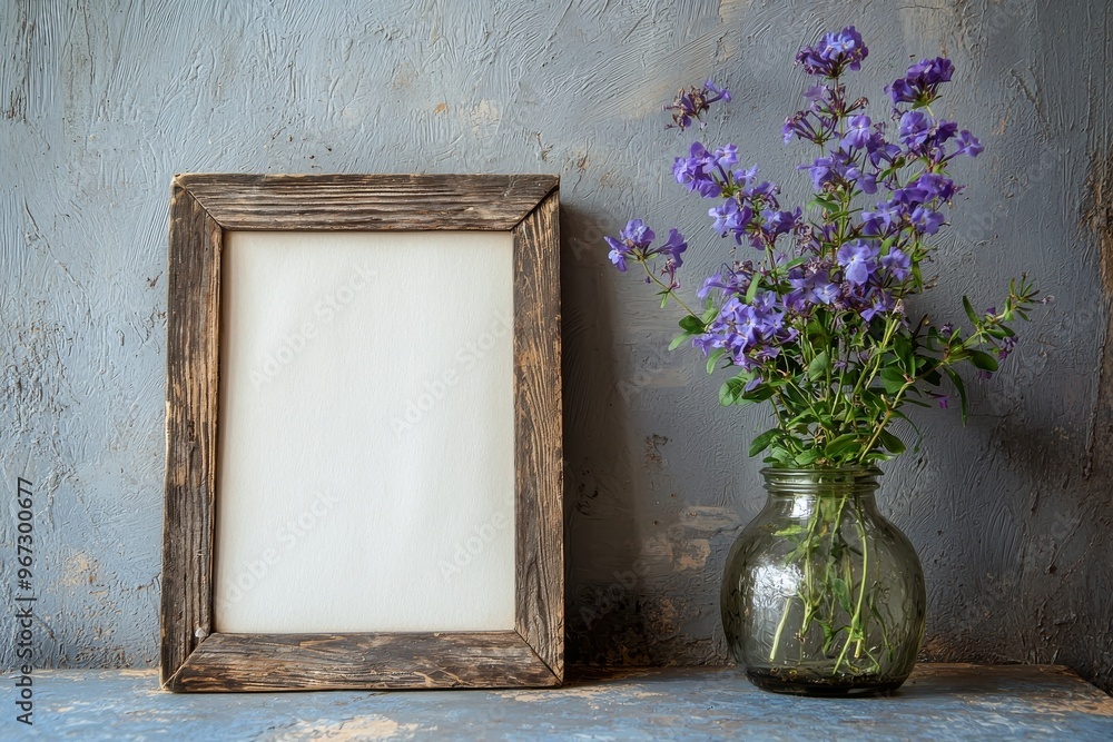 Poster this is a mockup of a blank square frame with passepartout over a gray wall decorated with dry flowe