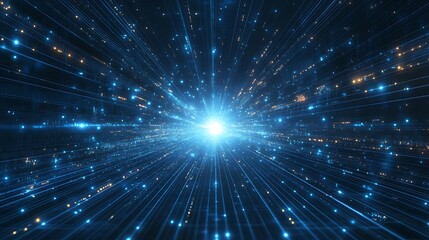 A stunning representation of cosmic energy with luminous particles radiating from a bright core in a vivid blue space.