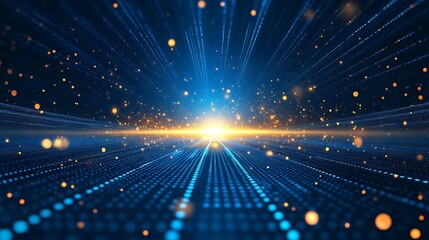 Obraz premium A stunning view of radiant lines and particles converging into a bright center, representing energy and motion in a digital world.