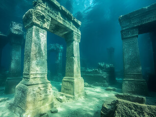 Underwater Archaeological Site with Ancient Stone Structures, Intricately Carved Pillars and Archways Adorned with Decorative Motifs in Crystal-Clear Blue Water Illuminated by Ethereal Light Patterns