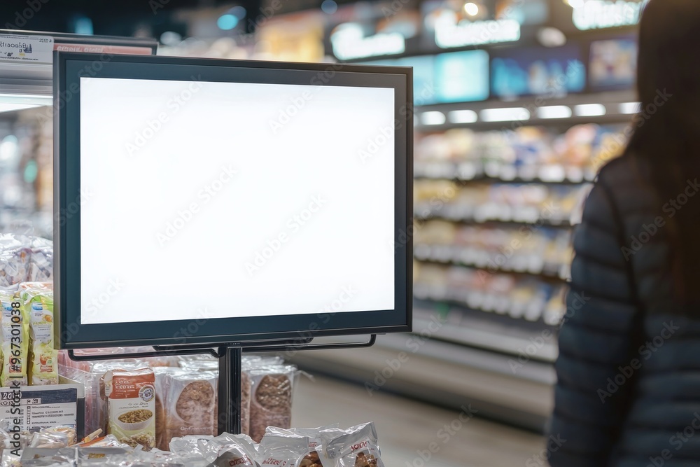 Poster an advertising board mock-up in front of a supermarket. mock up a billboard for a text message or mo