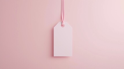 Paper price tag label white brand name with rope on solid pink background