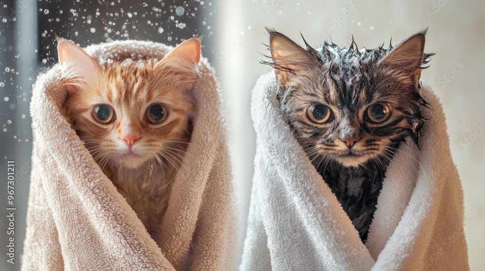 Poster A before-and-after comparison of a cat bath, showing a wet, soapy cat followed by a clean and fluffy cat wrapped in a towel.